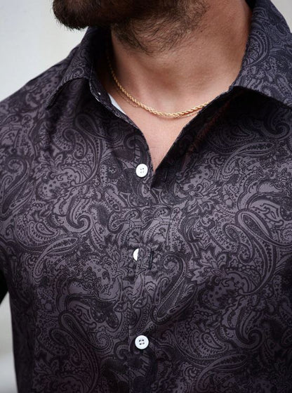 Men’s Shadow Paisley Long-Sleeve Button-Down – Slate Charcoal Tonal Print Slim-Fit Shirt
