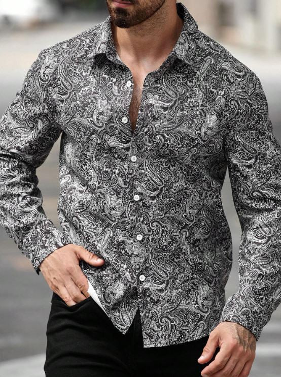 Men’s Midnight Paisley Long-Sleeve Button-Down – Monochromatic Artisan Print Slim-Fit Shirt