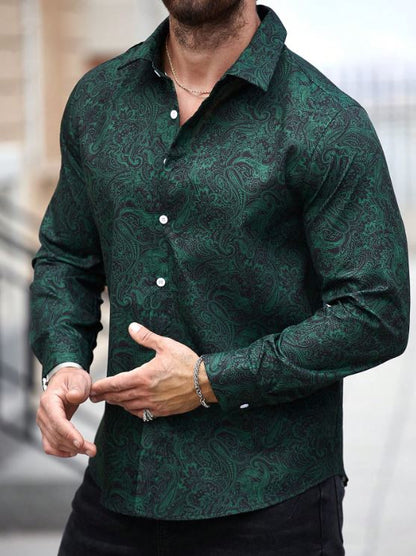 Men’s Deep Forest Paisley Button-Down – Emerald & Onyx Intricate Print Short-Sleeve Shirt