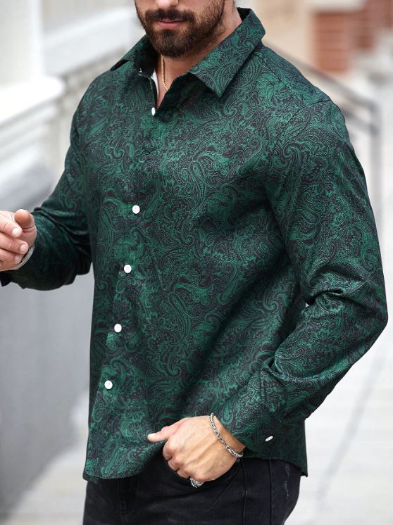 Men’s Deep Forest Paisley Button-Down – Emerald & Onyx Intricate Print Short-Sleeve Shirt