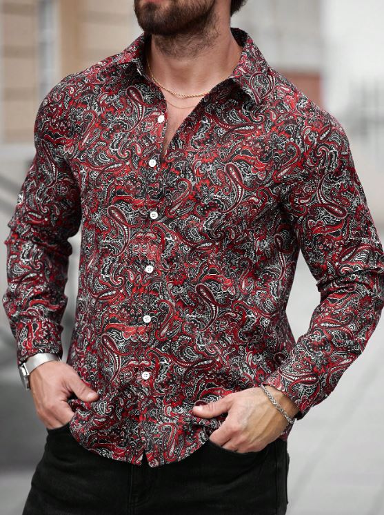 Men’s Crimson Royale Paisley Button-Down – Vibrant Red & Charcoal Long-Sleeve Artisan Shirt