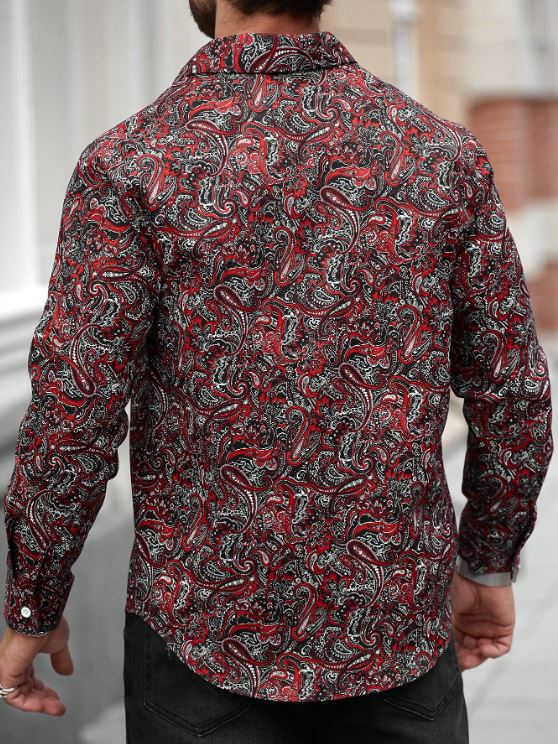 Men’s Crimson Royale Paisley Button-Down – Vibrant Red & Charcoal Long-Sleeve Artisan Shirt