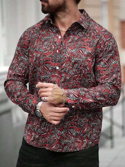 Men’s Crimson Royale Paisley Button-Down – Vibrant Red & Charcoal Long-Sleeve Artisan Shirt