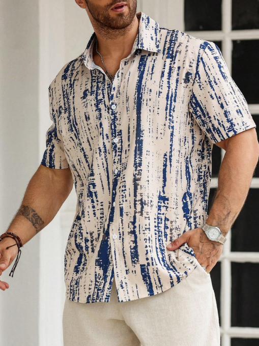 Men’s Abstract Distressed Stripe Button-Down – Navy & Oat Industrial Print Short-Sleeve Shirt