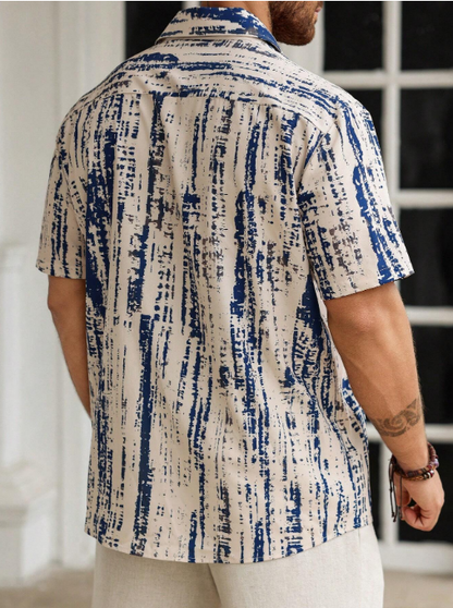 Men’s Abstract Distressed Stripe Button-Down – Navy & Oat Industrial Print Short-Sleeve Shirt