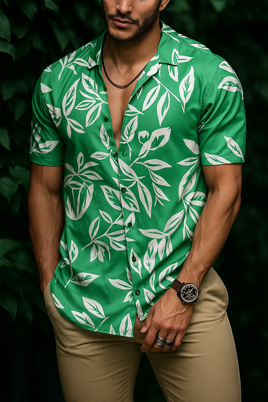 Men’s Tropical Leaf Print Button-Down – Emerald Green Short