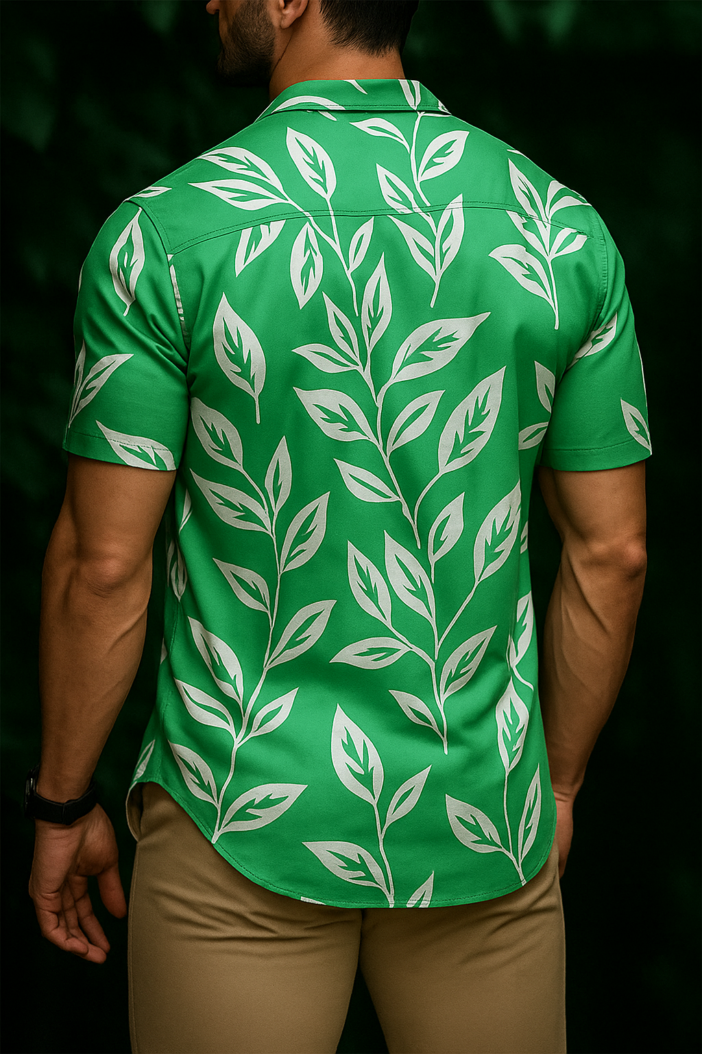 Men’s Tropical Leaf Print Button-Down – Emerald Green Short
