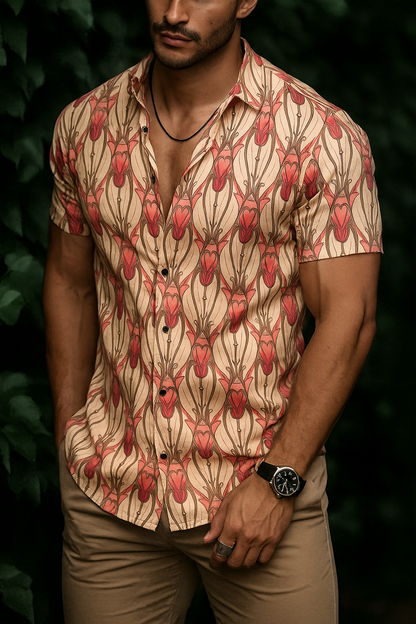 Men’s Art Nouveau Tulip Print Button-Down – Vintage Peach