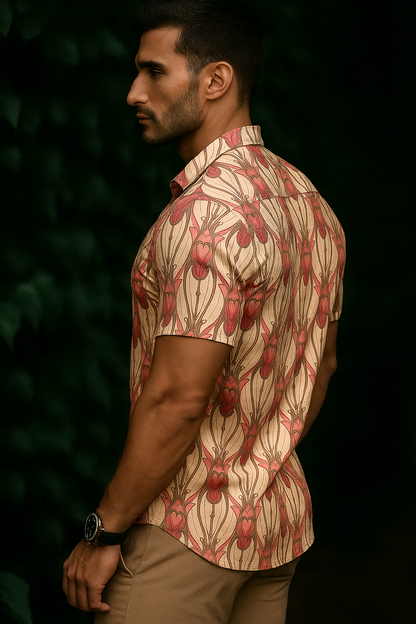 Men’s Art Nouveau Tulip Print Button-Down – Vintage Peach