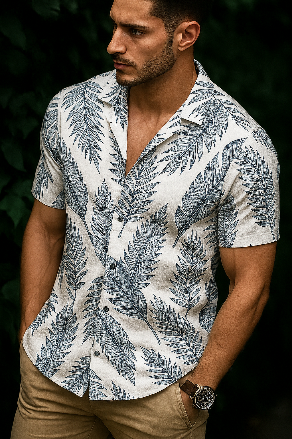 Men’s Sketch-Leaf Linen Blend Button-Down – White & Slate Blue