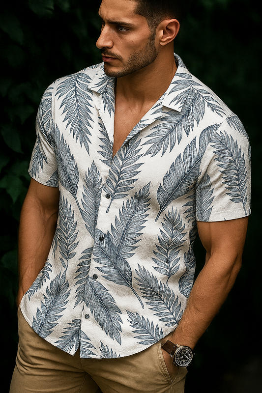 Men’s Sketch-Leaf Linen Blend Button-Down – White & Slate Blue