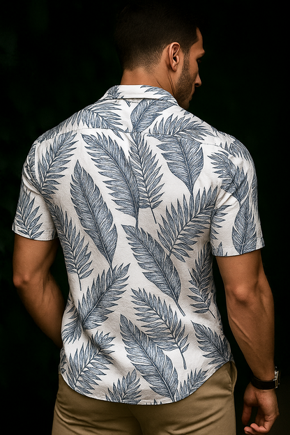 Men’s Sketch-Leaf Linen Blend Button-Down – White & Slate Blue