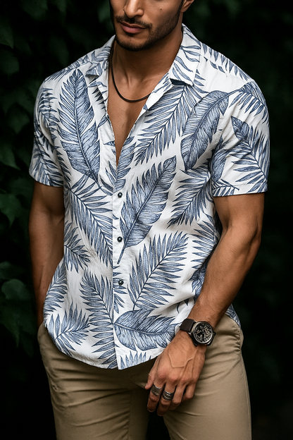 Men’s Sketch-Leaf Linen Blend Button-Down – White & Slate Blue