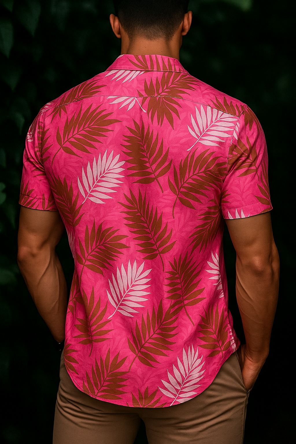 Men’s Electric Magenta Palm Button-Down – Bold Pink & Sand Short-Sleeve Tropical Resort Shirt