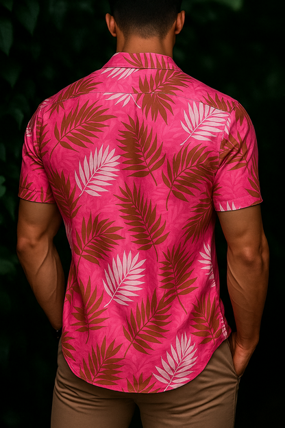 Men’s Electric Magenta Palm Button-Down – Bold Pink & Sand Short-Sleeve Tropical Resort Shirt