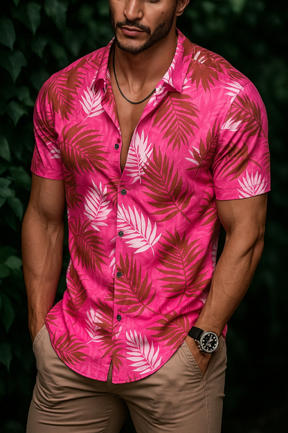 Men’s Electric Magenta Palm Button-Down – Bold Pink & Sand Short-Sleeve Tropical Resort Shirt