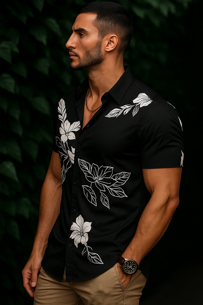 Men’s Nocturnal Bloom Button-Down – Onyx & Ivory Floral Short-Sleeve Resort Shirt