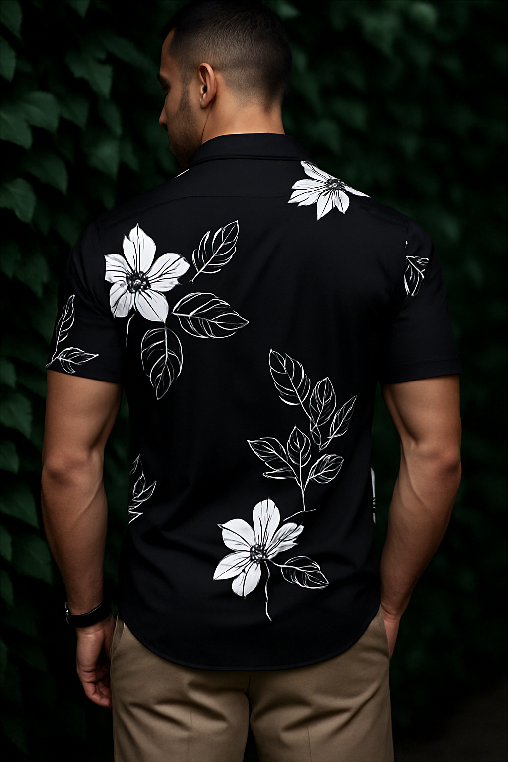 Men’s Nocturnal Bloom Button-Down – Onyx & Ivory Floral Short-Sleeve Resort Shirt