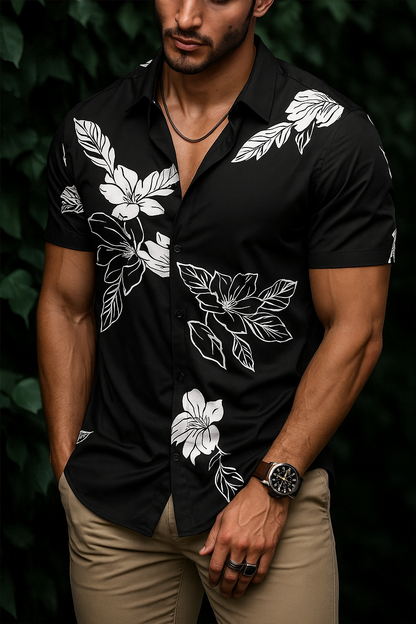 Men’s Nocturnal Bloom Button-Down – Onyx & Ivory Floral Short-Sleeve Resort Shirt