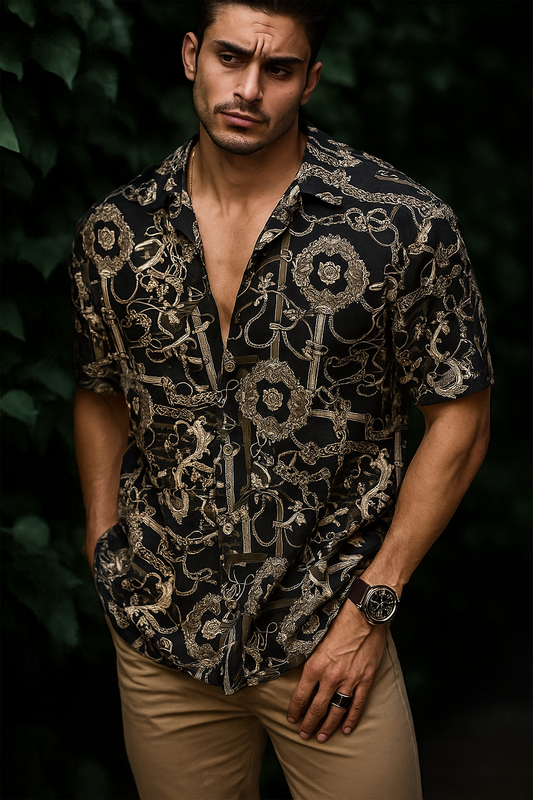 Men’s Baroque Heritage Print Button-Down – Onyx & Antique Gold Short-Sleeve Luxury Resort Shirt