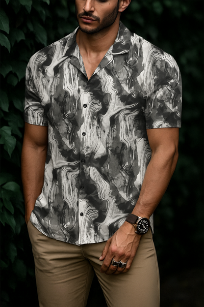 Men’s Topographic Flow Button-Down – Charcoal & Ash Abstract Marble Short-Sleeve Shirt
