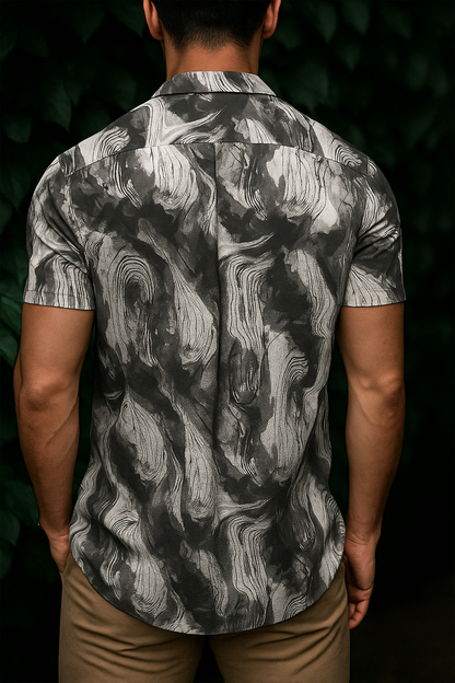 Men’s Topographic Flow Button-Down – Charcoal & Ash Abstract Marble Short-Sleeve Shirt