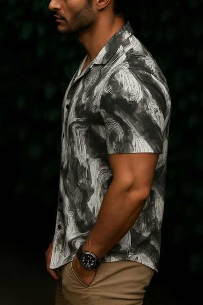 Men’s Topographic Flow Button-Down – Charcoal & Ash Abstract Marble Short-Sleeve Shirt