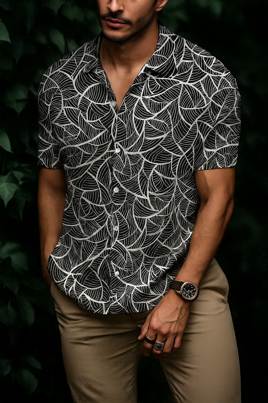 Men’s Geometric Leaf Lace Button-Down – Onyx & Silver Short-Sleeve Abstract Print Shirt