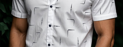 Men’s Minimalist Geometric Motif Button-Down – Arctic White & Navy Short-Sleeve Tailored Shirt