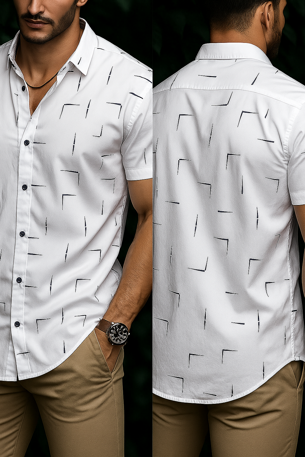 Men’s Minimalist Geometric Motif Button-Down – Arctic White & Navy Short-Sleeve Tailored Shirt