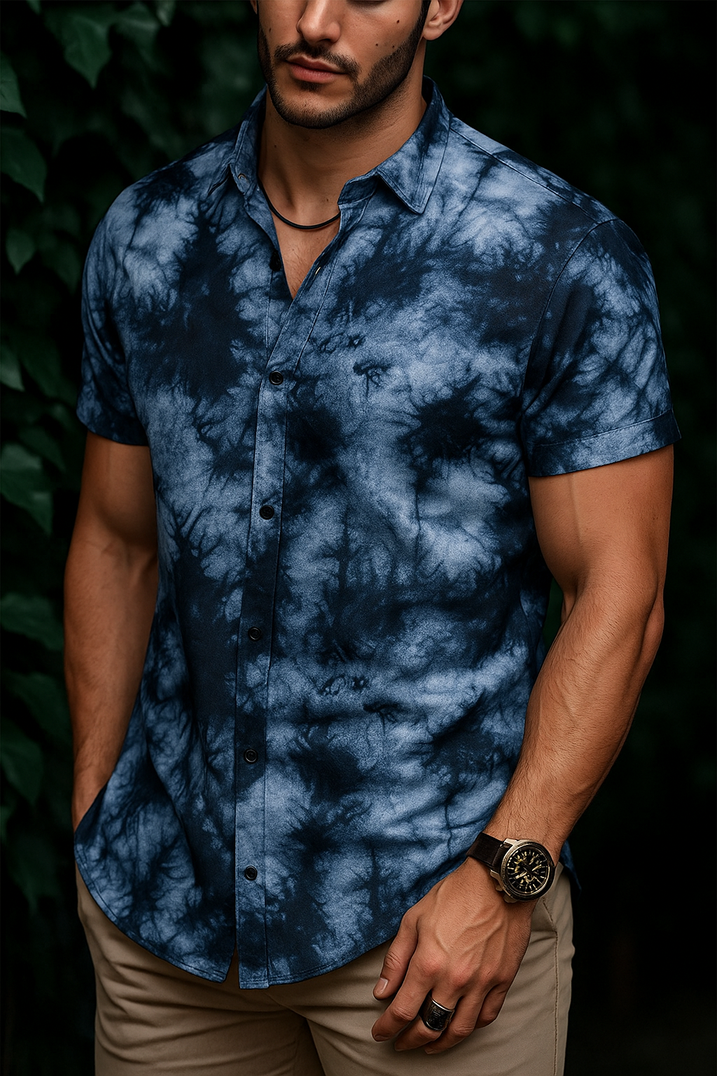 Men’s Indigo Nebula Tie-Dye Button-Down – Navy & Steel Blue Abstract Short-Sleeve Shirt