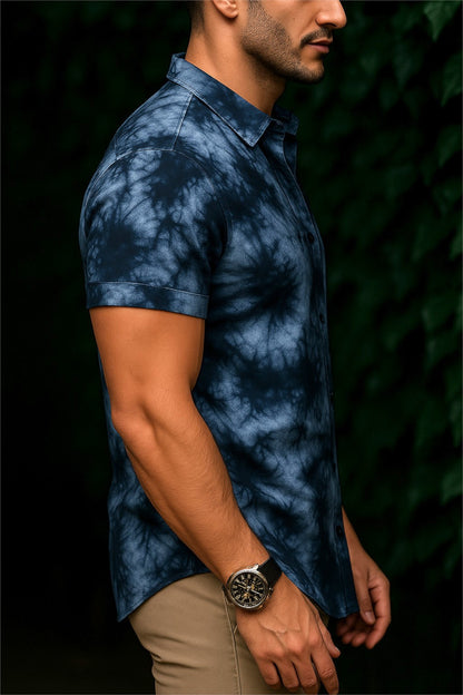Men’s Indigo Nebula Tie-Dye Button-Down – Navy & Steel Blue Abstract Short-Sleeve Shirt