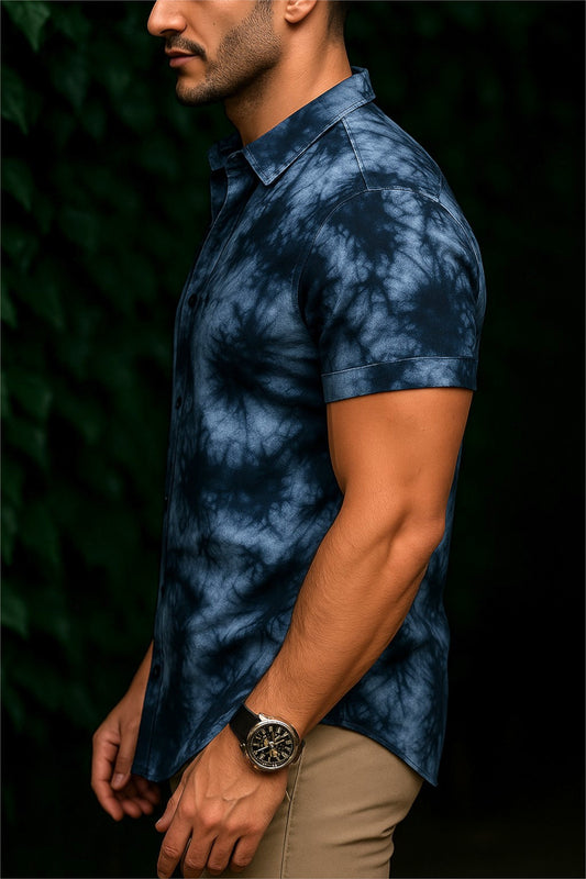 Men’s Indigo Nebula Tie-Dye Button-Down – Navy & Steel Blue Abstract Short-Sleeve Shirt