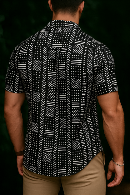 Men’s Tribal Geometric Motif Button-Down – Onyx & Ivory Short-Sleeve Heritage Print Shirt