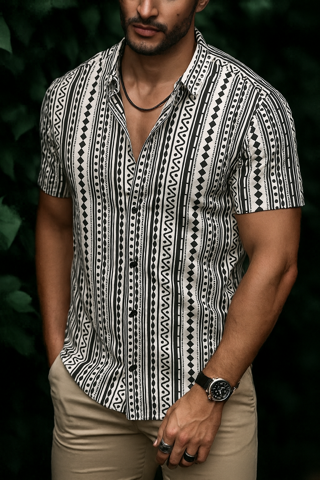 Men’s Artisan Stripe Motif Button-Down – Ivory & Onyx Geometric Short-Sleeve Heritage Shirt