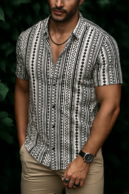 Men’s Artisan Stripe Motif Button-Down – Ivory & Onyx Geometric Short-Sleeve Heritage Shirt