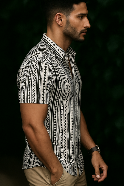 Men’s Artisan Stripe Motif Button-Down – Ivory & Onyx Geometric Short-Sleeve Heritage Shirt