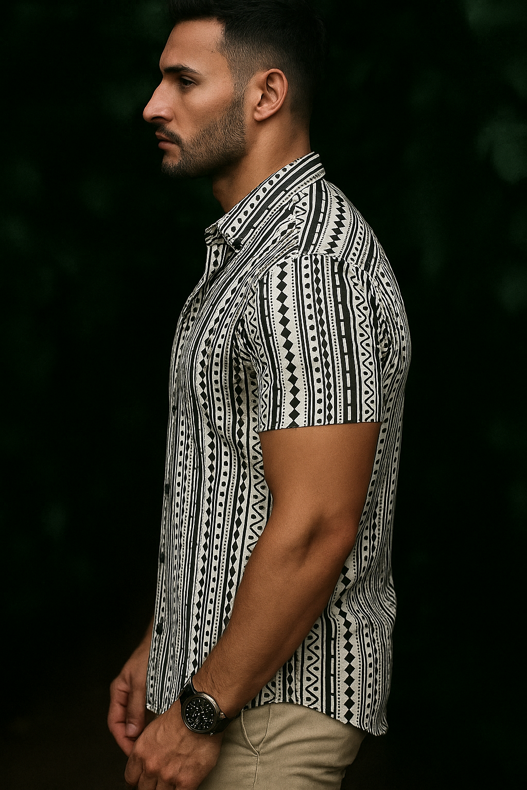 Men’s Artisan Stripe Motif Button-Down – Ivory & Onyx Geometric Short-Sleeve Heritage Shirt