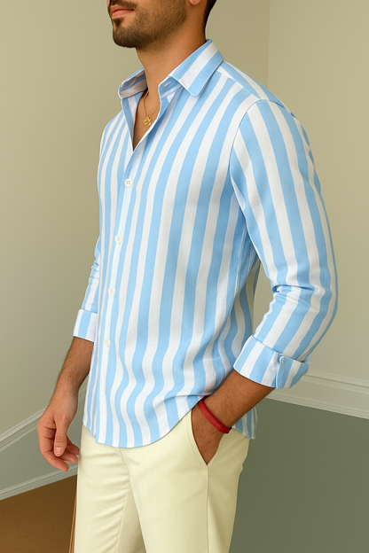 Sky Blue & White Striped Full Sleeve Shirt