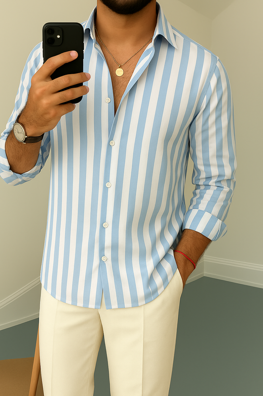Sky Blue & White Striped Full Sleeve Shirt