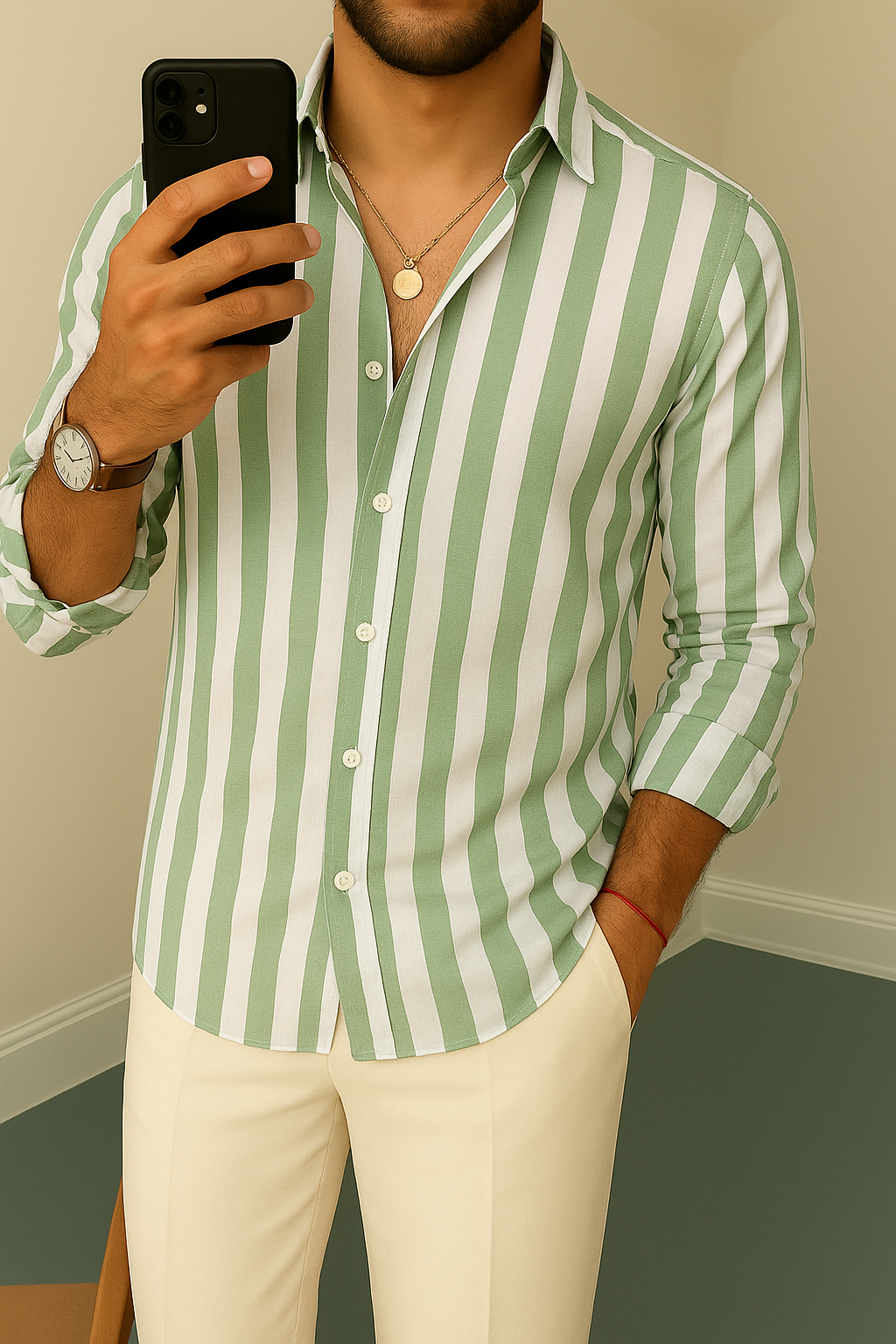 Green & White Striped Full Sleeve Shirt
