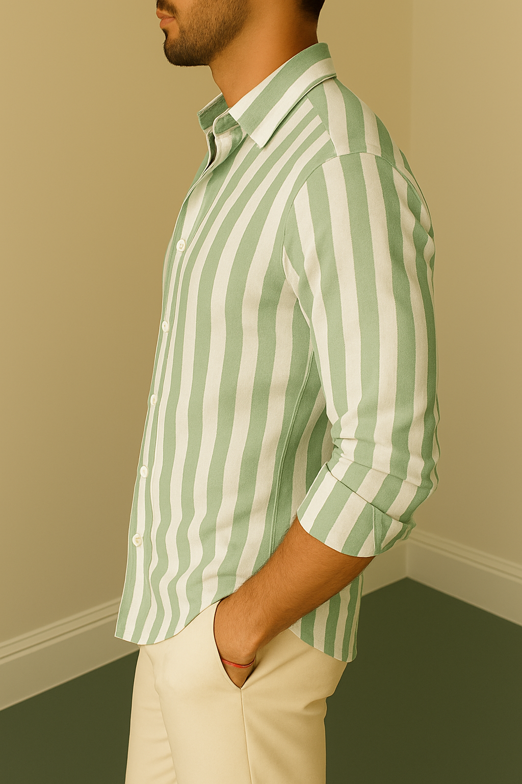 Green & White Striped Full Sleeve Shirt