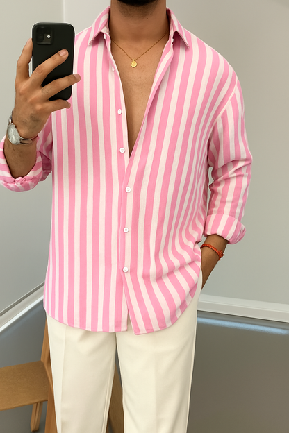 Pink & White Striped Full Sleeve Shirt