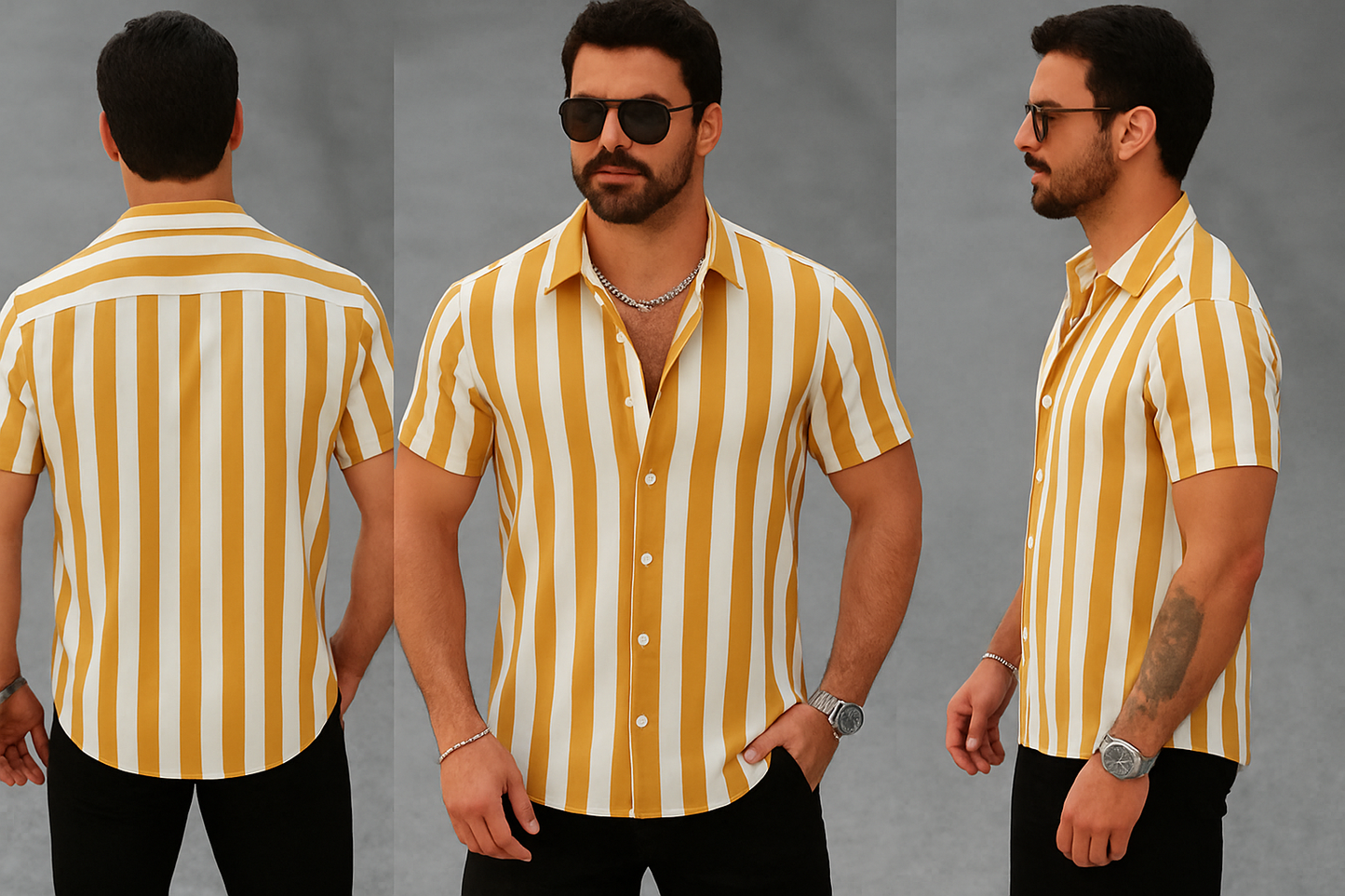 Yellow & White Striped Short Sleeve Shirt