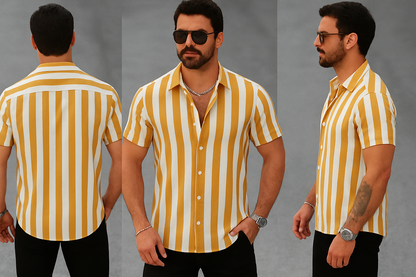 Yellow & White Striped Short Sleeve Shirt