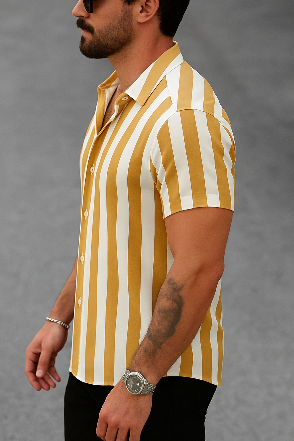 Yellow & White Striped Short Sleeve Shirt
