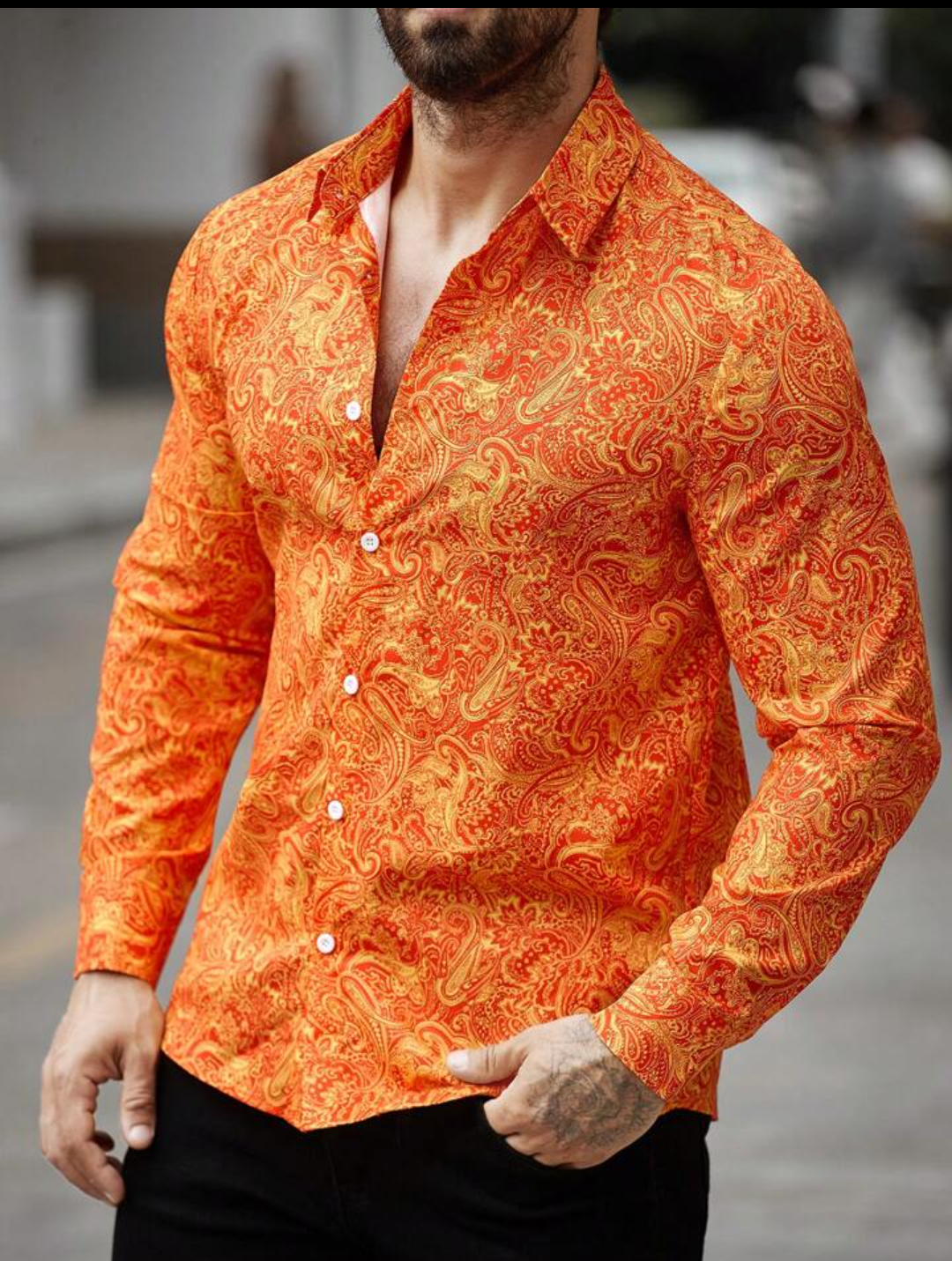 Men’s Solar Flare Paisley Button-Down – Radiant Orange & Gold Long-Sleeve Artisan Shirt