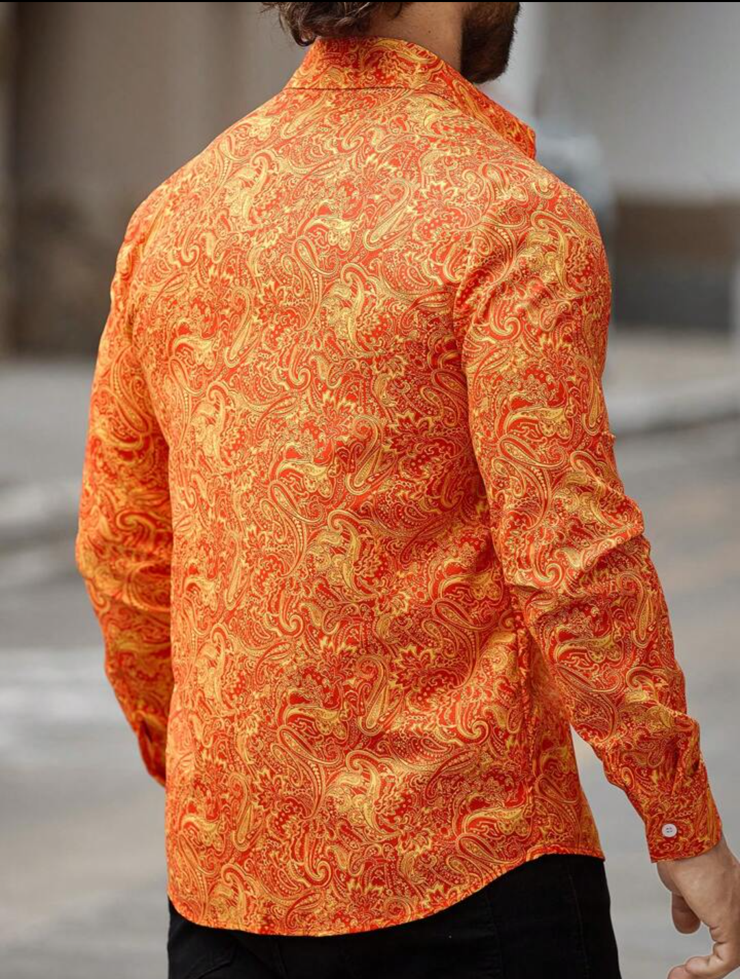 Men’s Solar Flare Paisley Button-Down – Radiant Orange & Gold Long-Sleeve Artisan Shirt