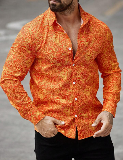 Men’s Solar Flare Paisley Button-Down – Radiant Orange & Gold Long-Sleeve Artisan Shirt