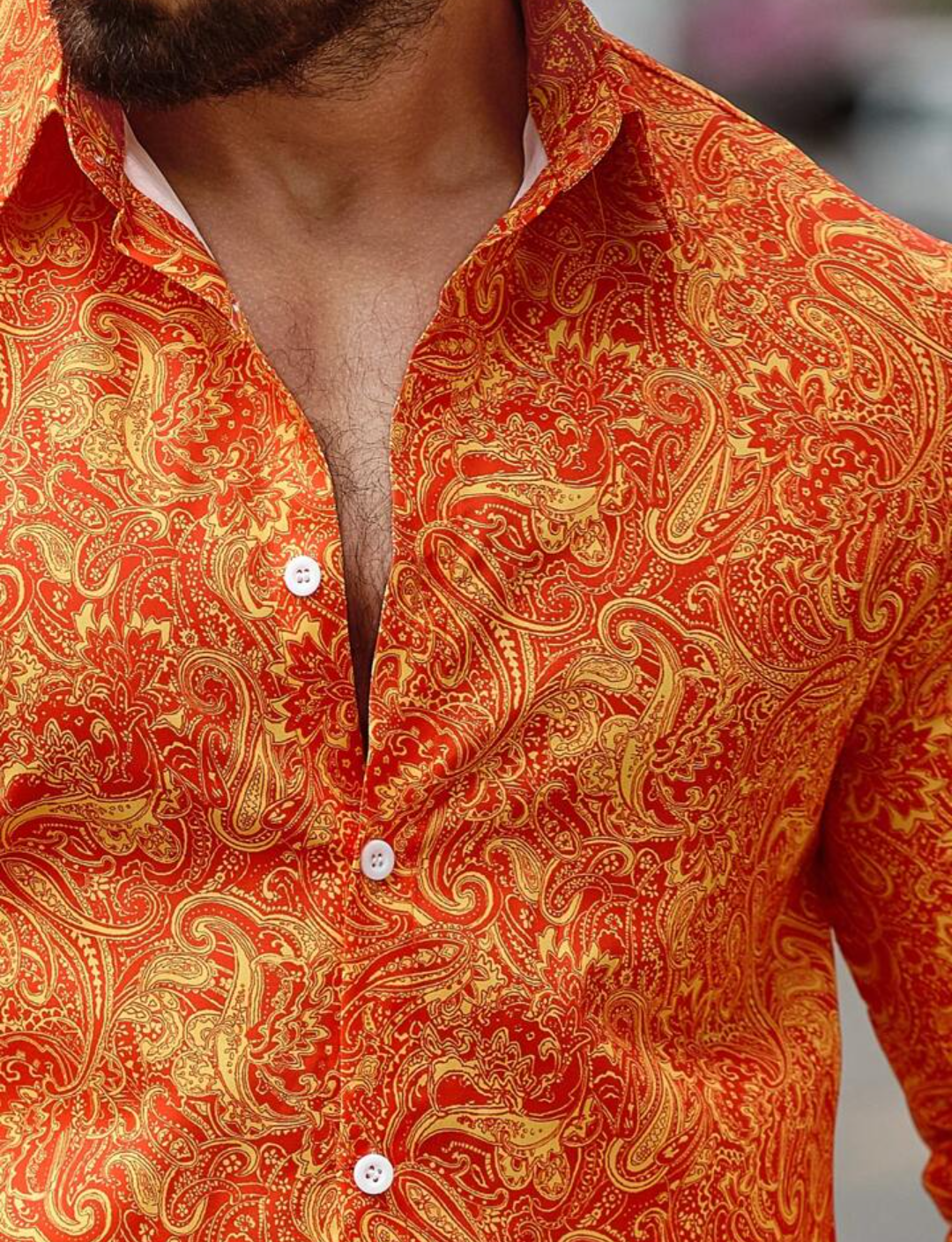 Men’s Solar Flare Paisley Button-Down – Radiant Orange & Gold Long-Sleeve Artisan Shirt